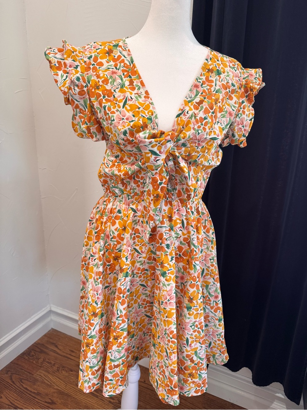 Boutique Floral Tie-Front Sundress in Orange and Pink